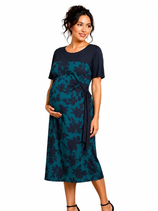 Oh Baby by Motherhood Dresses & Skirts - Maternity Midi Dress Teal Floral Black Tie Waist Short Sleeve Medium